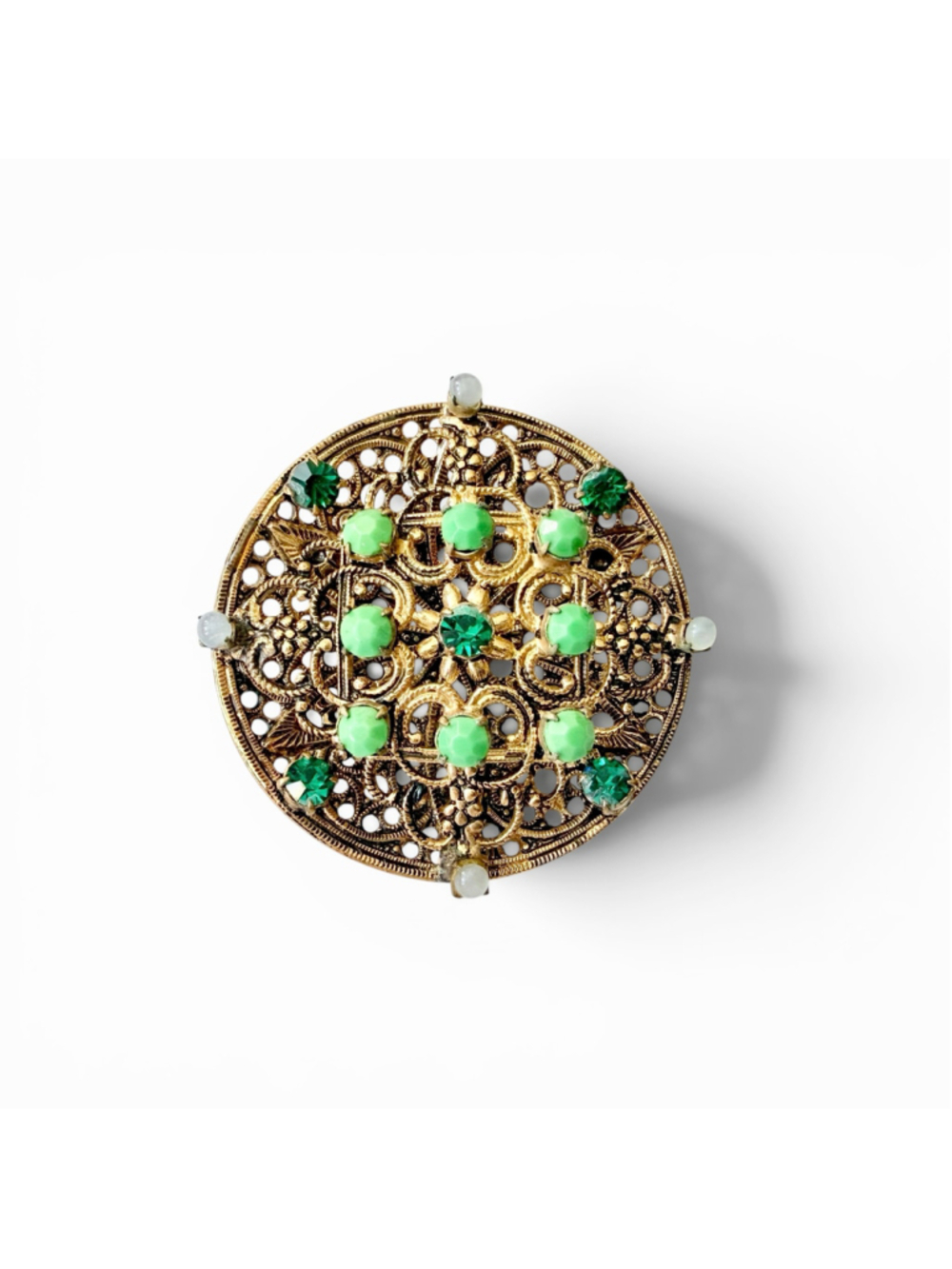 1930s Czech Filigree Brooch Green Glass Rhinestone Pin Gold Tone Openwork Disc